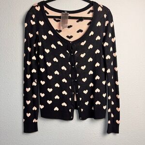 Moon Collection Black Pink Heart Cardigan Sweater Button Up Size L Valentines